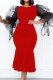 Red Fashion Casual Solid Split Joint O Neck Pencil Skirt Dresses