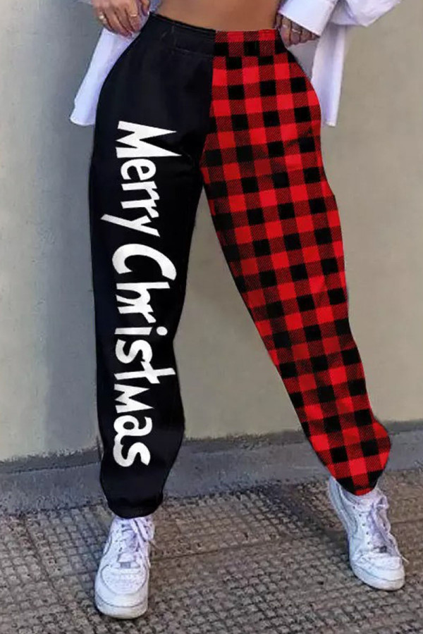 Red Black Casual Street Print Patchwork Straight High Waist Straight Positioning Print Bottoms