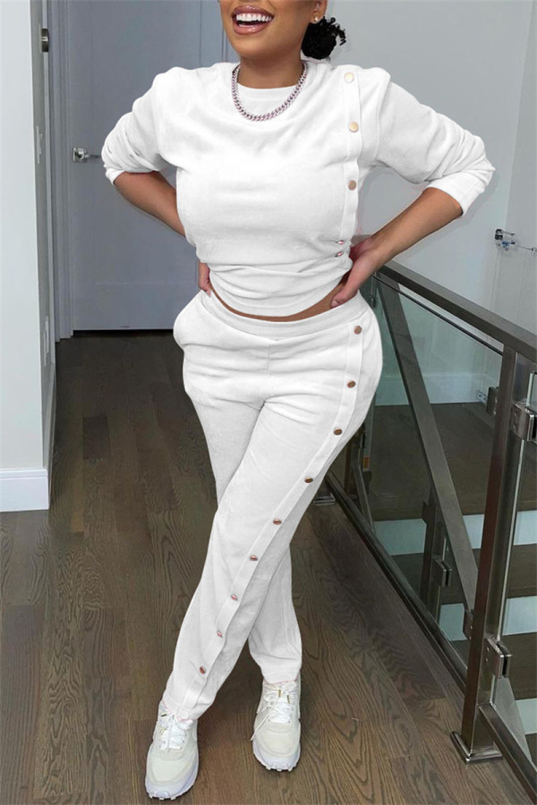 White Fashion Casual Solid Patchwork O Neck Long Sleeve Two Pieces