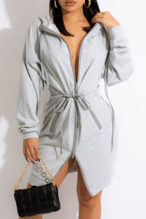 Grey Fashion Casual Solid Bandage Hooded Collar Long Sleeve Dresses