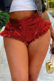 Red Sexy Solid Flounce Skinny Mid Waist Type A Solid Color Bottoms