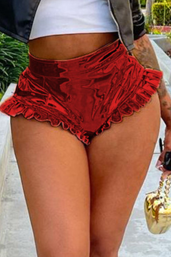 Red Sexy Solid Flounce Skinny Mid Waist Type A Solid Color Bottoms
