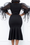 Black Casual Elegant Solid Split Joint O Neck Straight Dresses