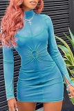 Blue Sexy Solid Mesh Half A Turtleneck Long Sleeve Two Pieces