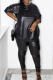 Black Casual Solid Patchwork O Neck Plus Size Two Pieces