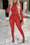 Red Sexy Solid Hollowed Out Patchwork Half A Turtleneck Long Sleeve Two Pieces