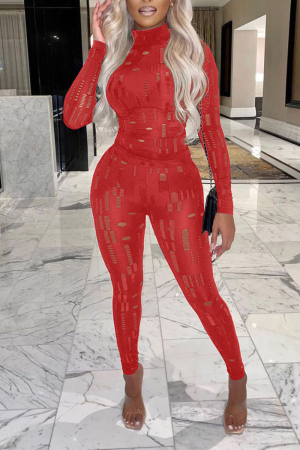 Red Sexy Solid Hollowed Out Patchwork Half A Turtleneck Long Sleeve Two Pieces
