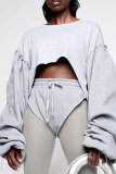 Grey Sexy Solid Patchwork O Neck Long Sleeve Two Pieces