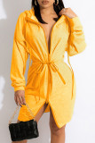 Yellow Fashion Casual Solid Bandage Hooded Collar Long Sleeve Dresses