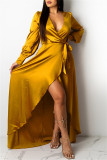 Yellow Sexy Casual Solid Bandage V Neck Long Sleeve Dresses