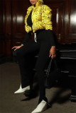 Yellow Fashion Casual Print Cardigan Mandarin Collar Outerwear
