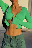Green Sexy Solid Patchwork V Neck Tops