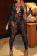Brown Sexy Print Patchwork V Neck Skinny Jumpsuits