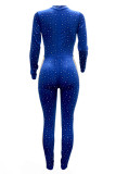 Blue Fashion Sexy Patchwork Hot Drilling See-through Turtleneck Regular Jumpsuits