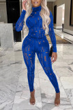 Blue Sexy Solid Hollowed Out Patchwork Half A Turtleneck Long Sleeve Two Pieces
