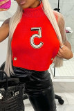 Red Fashion Casual Print Hollowed Out Turtleneck Tops