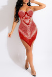 Red Sexy Patchwork Hot Drilling Backless Spaghetti Strap Irregular Dress (With Panties)