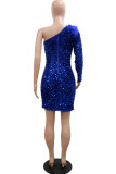White Sexy Solid Sequins Split Joint Feathers Oblique Collar Dresses