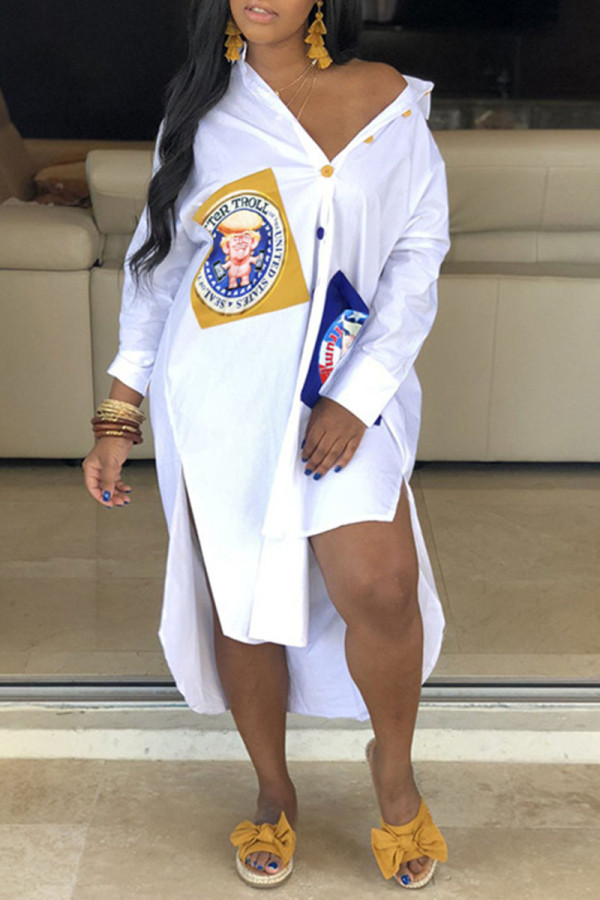 White Casual Street Print Patchwork Buckle Asymmetrical Turndown Collar Shirt Dress Dresses