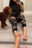 Black Fashion Casual Solid Hollowed Out O Neck Short Sleeve Two Pieces