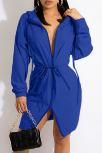 Blue Fashion Casual Solid Bandage Hooded Collar Long Sleeve Dresses