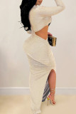 Silver Fashion Sexy Solid Hollowed Out O Neck Long Sleeve Dresses