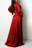 Red Sexy Casual Solid Bandage V Neck Long Sleeve Dresses