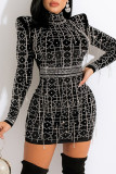 Red Fashion Sexy Patchwork Hot Drilling Tassel Turtleneck Long Sleeve Dresses