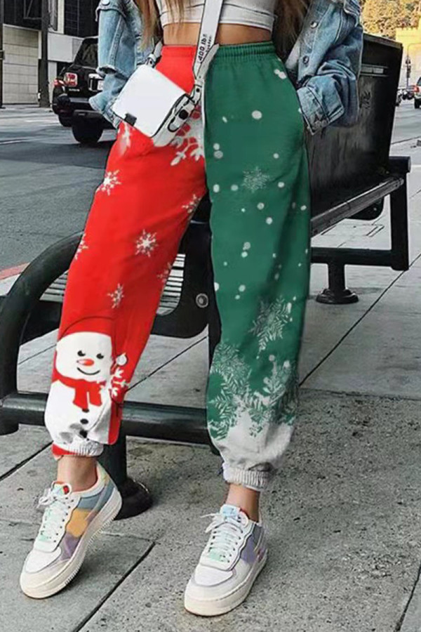 Red Green Casual Street Print Patchwork Straight High Waist Straight Positioning Print Bottoms