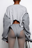 Grey Sexy Solid Patchwork O Neck Long Sleeve Two Pieces