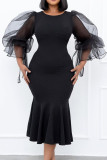 Red Fashion Casual Solid Split Joint O Neck Pencil Skirt Dresses