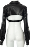 Black Solid Patchwork Turndown Collar Tops