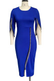 Blue Elegant Solid Tassel Split Joint Asymmetrical O Neck Dresses