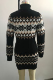 Black Casual Print Patchwork Turtleneck Pencil Skirt Dresses