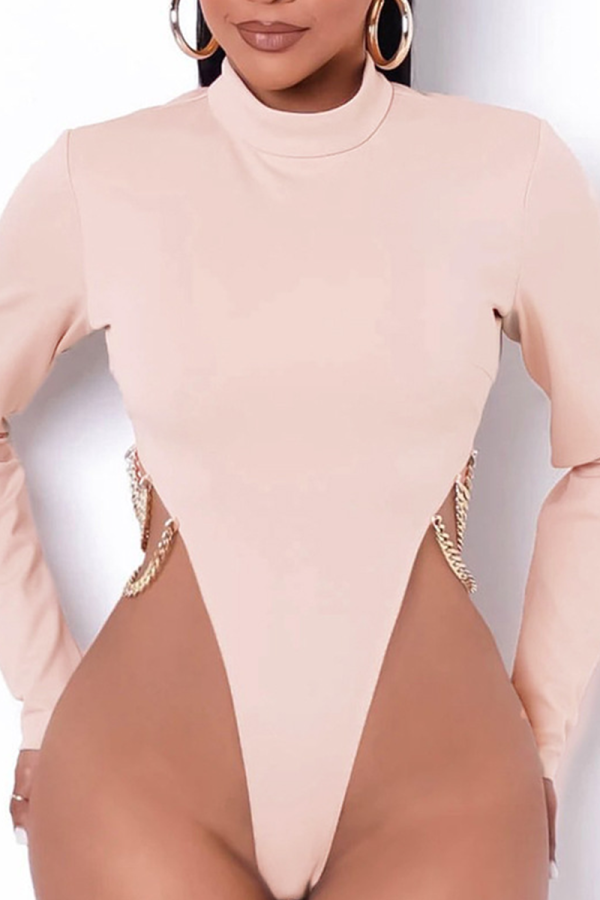 Pink Sexy Solid Chains O Neck Skinny Bodysuits