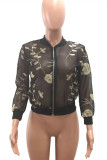 Black Sexy Casual Embroidery See-through Zipper Collar Outerwear