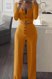 Yellow Fashion Casual Solid Split Joint O Neck Long Sleeve Two Pieces