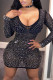 Black Fashion Sexy Patchwork Hot Drilling See-through V Neck Long Sleeve Dresses