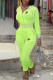 Fluorescent Green Fashion Sportswear Print Patchwork Hooded Collar Long Sleeve Two Pieces