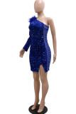 Blue Sexy Solid Sequins Split Joint Feathers Oblique Collar Dresses