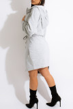 Grey Fashion Casual Solid Bandage Hooded Collar Long Sleeve Dresses