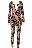 Brown Sexy Print Patchwork V Neck Skinny Jumpsuits
