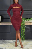 Burgundy Sexy Casual Solid Hollowed Out O Neck Plus Size Two Pieces