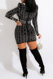Red Fashion Sexy Patchwork Hot Drilling Tassel Turtleneck Long Sleeve Dresses