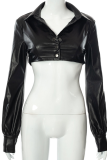 Black Solid Patchwork Turndown Collar Tops