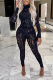 Black Sexy Solid Hollowed Out Patchwork Half A Turtleneck Long Sleeve Two Pieces
