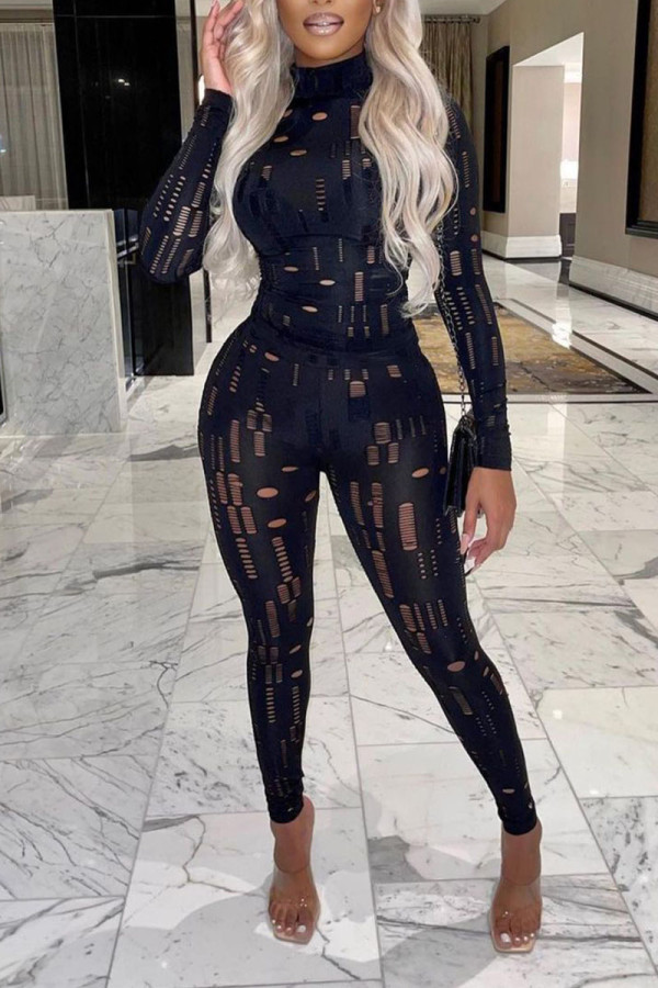 Black Sexy Solid Hollowed Out Patchwork Half A Turtleneck Long Sleeve Two Pieces
