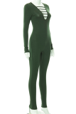 Green Sexy Solid Hollowed Out V Neck Skinny Jumpsuits