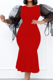 Red Casual Elegant Solid Split Joint O Neck Straight Dresses