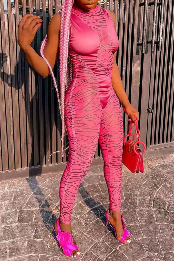 Pink Street Print Patchwork Half A Turtleneck Regular Jumpsuits